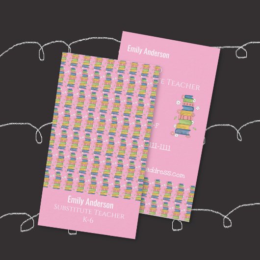 Books Pattern Tutor Pink Vertical Business Card Contactkaartje
