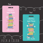 Bookstack and Flowers Pink Library Hall Pass Badge