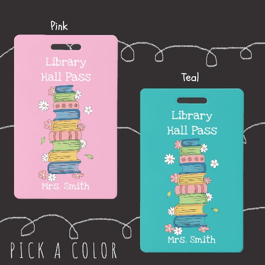 Bookstack and Flowers Pink Library Hall Pass Badge