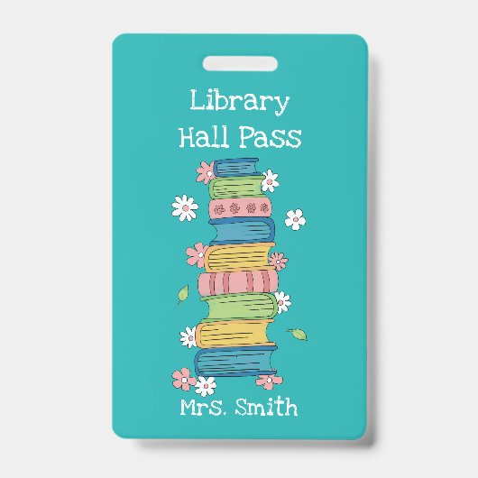 Bookstack and Flowers Teal Library Hall Pass Badge (Voorzijde)