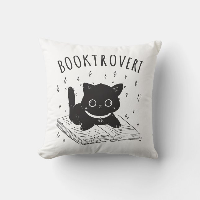 Booktrovert kat met boek en sterren kussen (Voorkant)