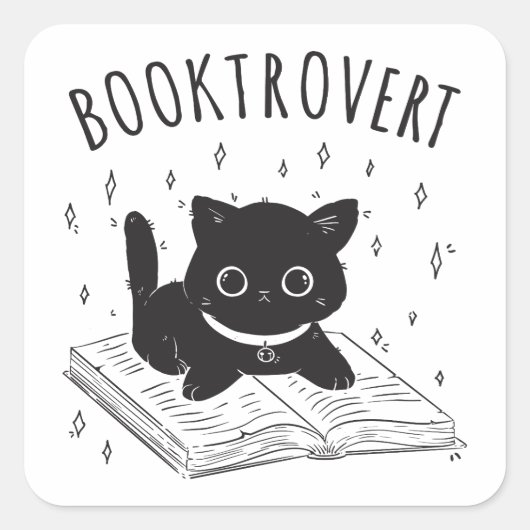 Booktrovert kat met boek en sterren vierkante sticker (Voorkant)