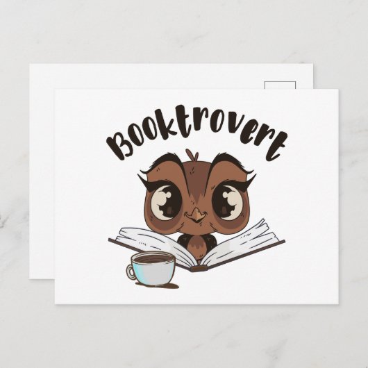Booktrovert uil met boek en koffie briefkaart (Voorkant / Achterkant)