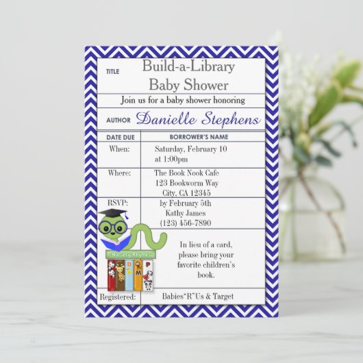 Bookworm Baby Shower Invitations Boy Kaart (Staand voorkant)