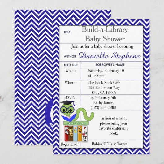 Bookworm Baby Shower Invitations Boy Kaart (Voorkant / Achterkant)