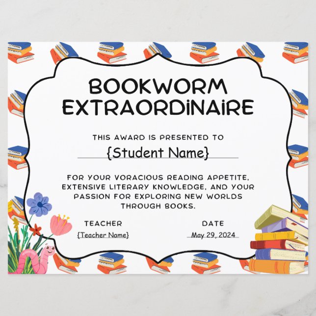 Bookworm Buitengewone Student Recognition Award (Voorkant)