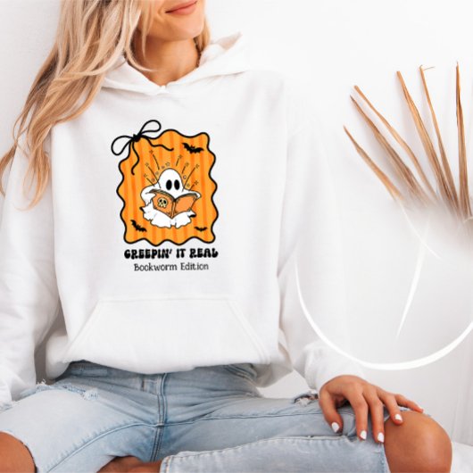 Bookworm Ghost Reading Retro Bow Creepin’ It Real Hoodie