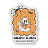 Bookworm Ghost Reading Retro Bow Creepin’ It Real Sticker (Voorkant)