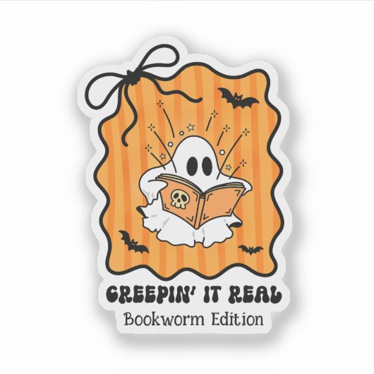 Bookworm Ghost Reading Retro Bow Creepin’ It Real Sticker (Voorkant)