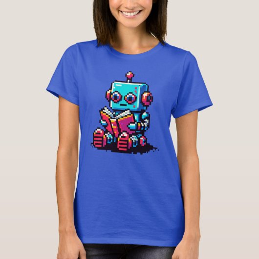 Bookworm Robot - Pixel Art Sci-Fi Reading Design T-shirt (Voorkant)