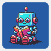 Bookworm Robot - Pixel Art Sci-Fi Reading Design Vierkante Sticker (Voorkant)