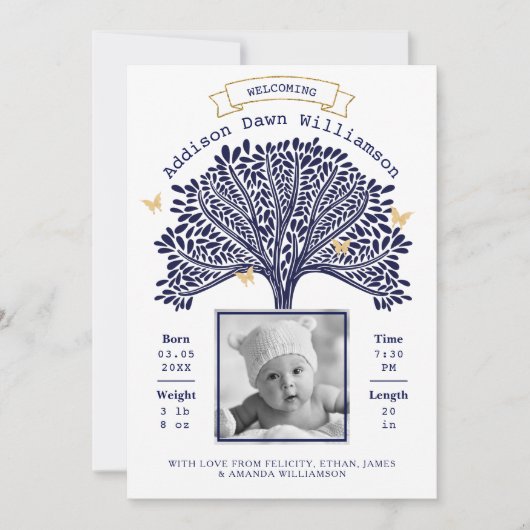 Boom Baby geboorteaankondiging Navy Blue Family Aankondiging (Voorkant)