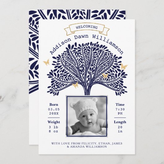 Boom Baby geboorteaankondiging Navy Blue Family Aankondiging (Voorkant / Achterkant)