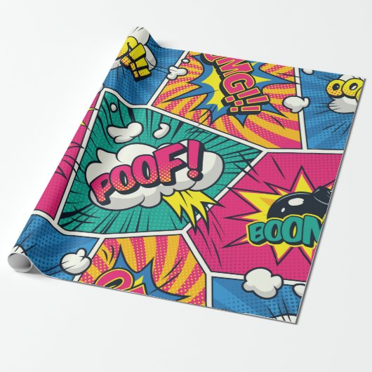 Boom Bang Wow Retro Comic Explosions Cadeaupapier (Uitgerold)