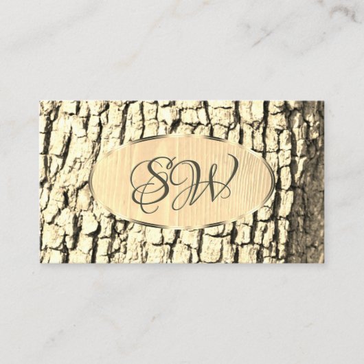 Boom Bark Wood Graan Oval Gold Border and Monogram Visitekaartje (Voorkant)