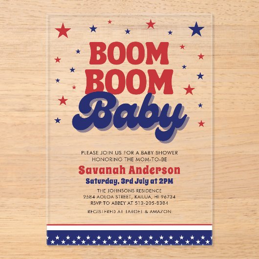 Boom Boom Baby 4 juli Patriottisch Baby shower Acryl Uitnodigingen (Voorkant)