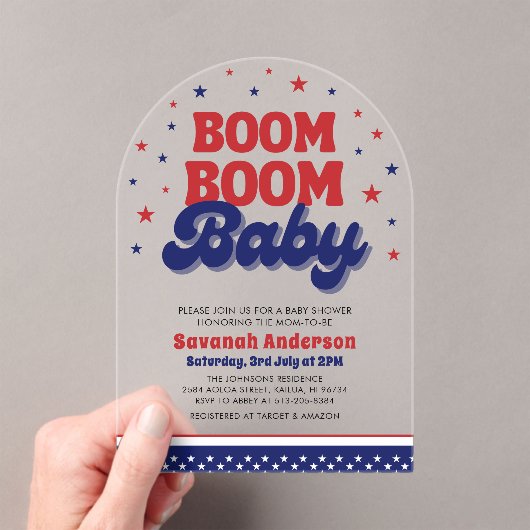 Boom Boom Baby 4 juli Patriottisch Baby shower Acryl Uitnodigingen (Insitu (Draagbaar))