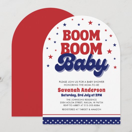 Boom Boom Baby 4 juli Patriottisch Baby shower Kaart (Voorkant / Achterkant)