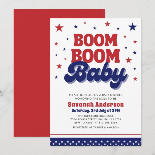 Boom Boom Baby 4 juli Patriottisch Baby shower Kaart (Voorkant / Achterkant)