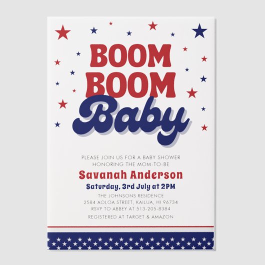 Boom Boom Baby 4 juli Patriottisch Baby shower Vellum Uitnodigingen (Voorkant)