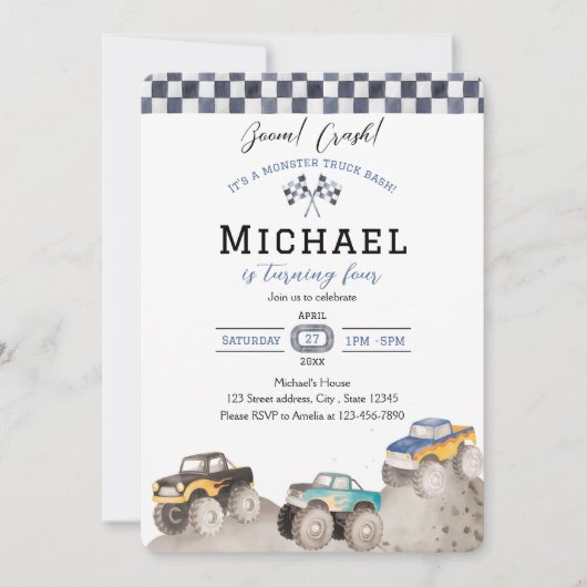 Boom Crash Monster Truck Bash Invite Kaart (Voorkant)