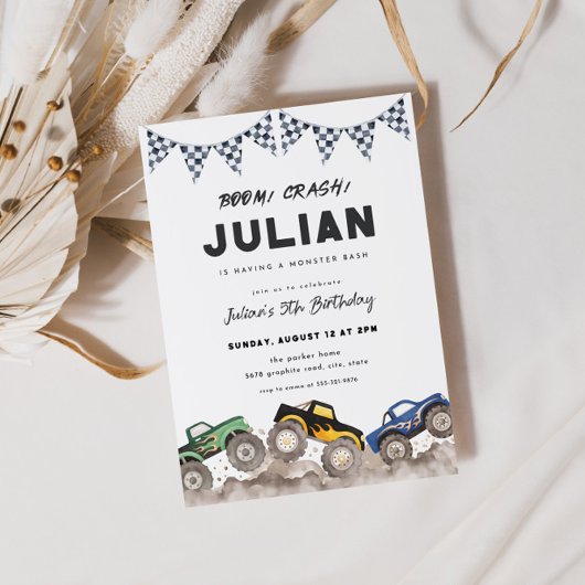 Boom Crash Monster Truck Birthday Invitation Kaart