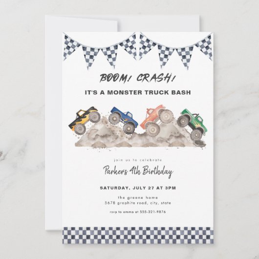 Boom Crash Monster Truck Verjaardag Uitnodiging (Voorkant)