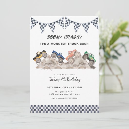 Boom Crash Monster Truck Verjaardag Uitnodiging (Staand voorkant)