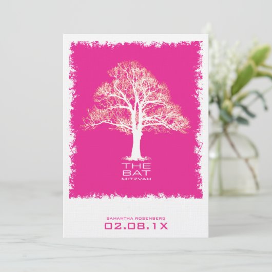 Boom des Levens Bat Mitswa Uitnodiging in Roze (Staand voorkant)
