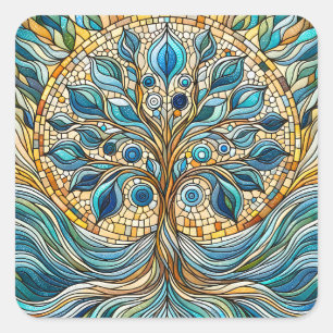Boom des Levens Gebroken Glas Mozaïek Aqua Blauw Vierkante Sticker