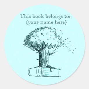 Boom en een boek, lichtblauw ronde sticker