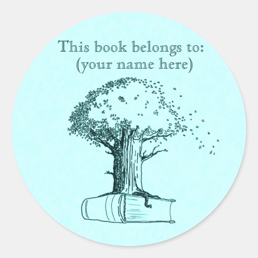 Boom en een boek, lichtblauw ronde sticker (Voorkant)