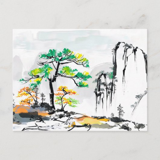 Boom en landschap met bergdorp briefkaart (Voorkant)