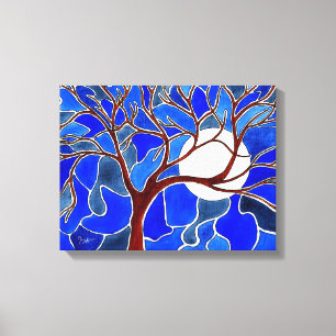 Boom en maan op Canvas - Blauw Afdruk