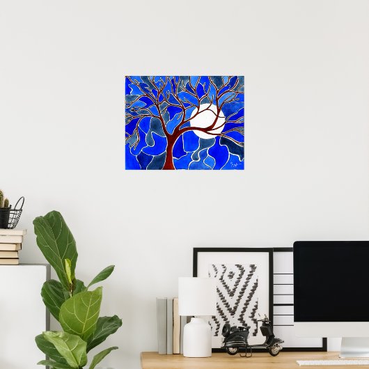 Boom en maan op Canvas - Blauw Poster (Thuiskantoor)