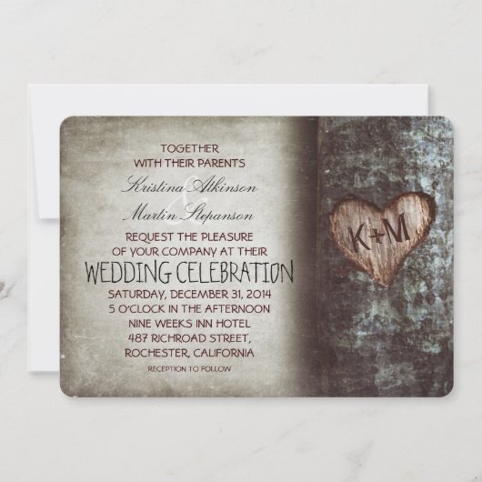 Boom Gesneden Hart Rustiek en Vintage Bruiloft Kaart (Voorkant)