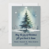 Boom in aquarel stijl tegen een middelblauwe achte feestdagenkaart (Voorkant)