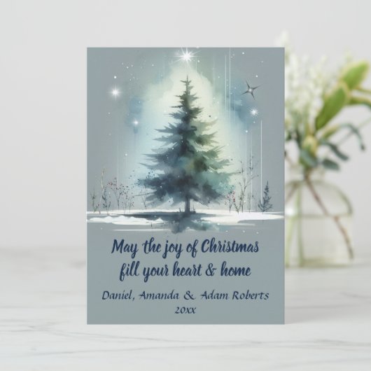 Boom in aquarel stijl tegen een middelblauwe achte feestdagenkaart (Staand voorkant)