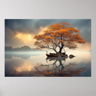 Boom in kalm meer Serene landschap Poster