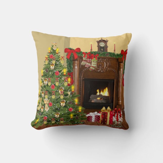 Boom, kousen en Fireplace Cozy Kerstmis Kussen (Voorkant)
