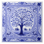 Boom Mediterraans Rustiek Blauw en Wit Folk Art Tegeltje (Voorkant)
