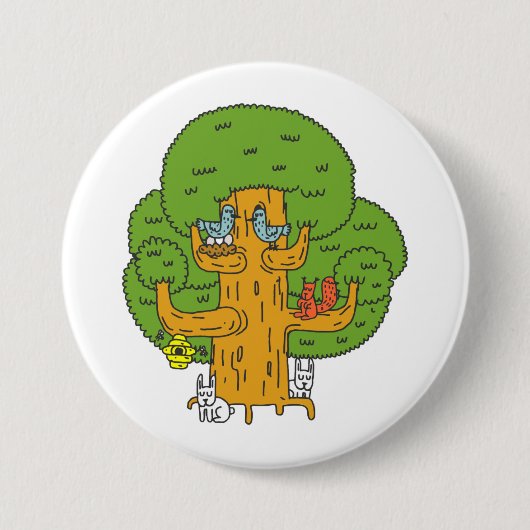 Boom met Bos Dieren Schattigee Natuur Ronde Button 7,6 Cm (Voorkant)