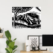 boom met een berg als achtergrondsnijhout poster (Thuiskantoor)