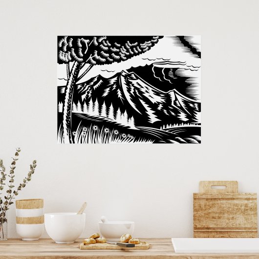 boom met een berg als achtergrondsnijhout poster (Keuken)