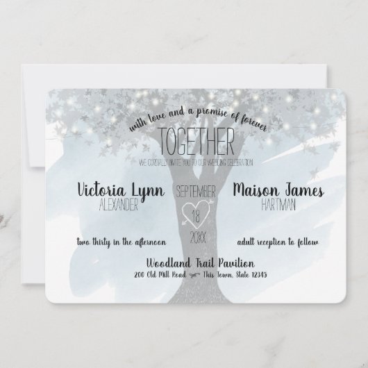 Boom met gebeeldhouwd hart en strijklichten blauw kaart (Voorkant)