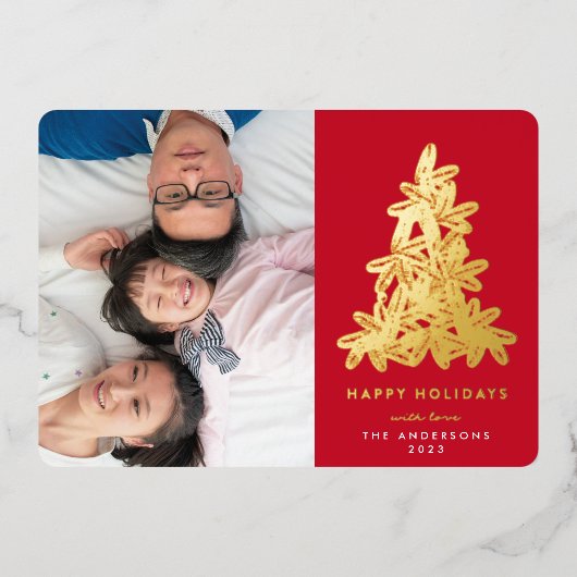 Boom met gouden en rode kerstpins folie feestdagenkaart (Voorkant)