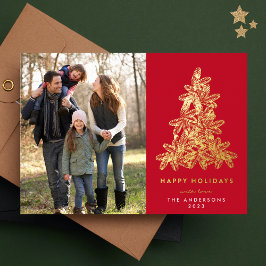 Boom met gouden en rode kerstpins folie feestdagenkaart