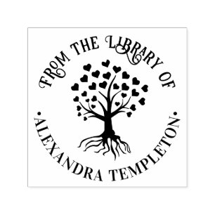 Boom met hartbladeren, wortels en bibliotheek Boek Zelfinktende Stempel