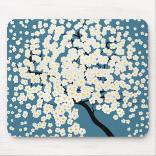 Boom met mooie witte bloemen in bloei Kunst Muismat