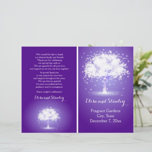 Boom met mousserende lichten paars trouwprogramma (Staand voorkant)